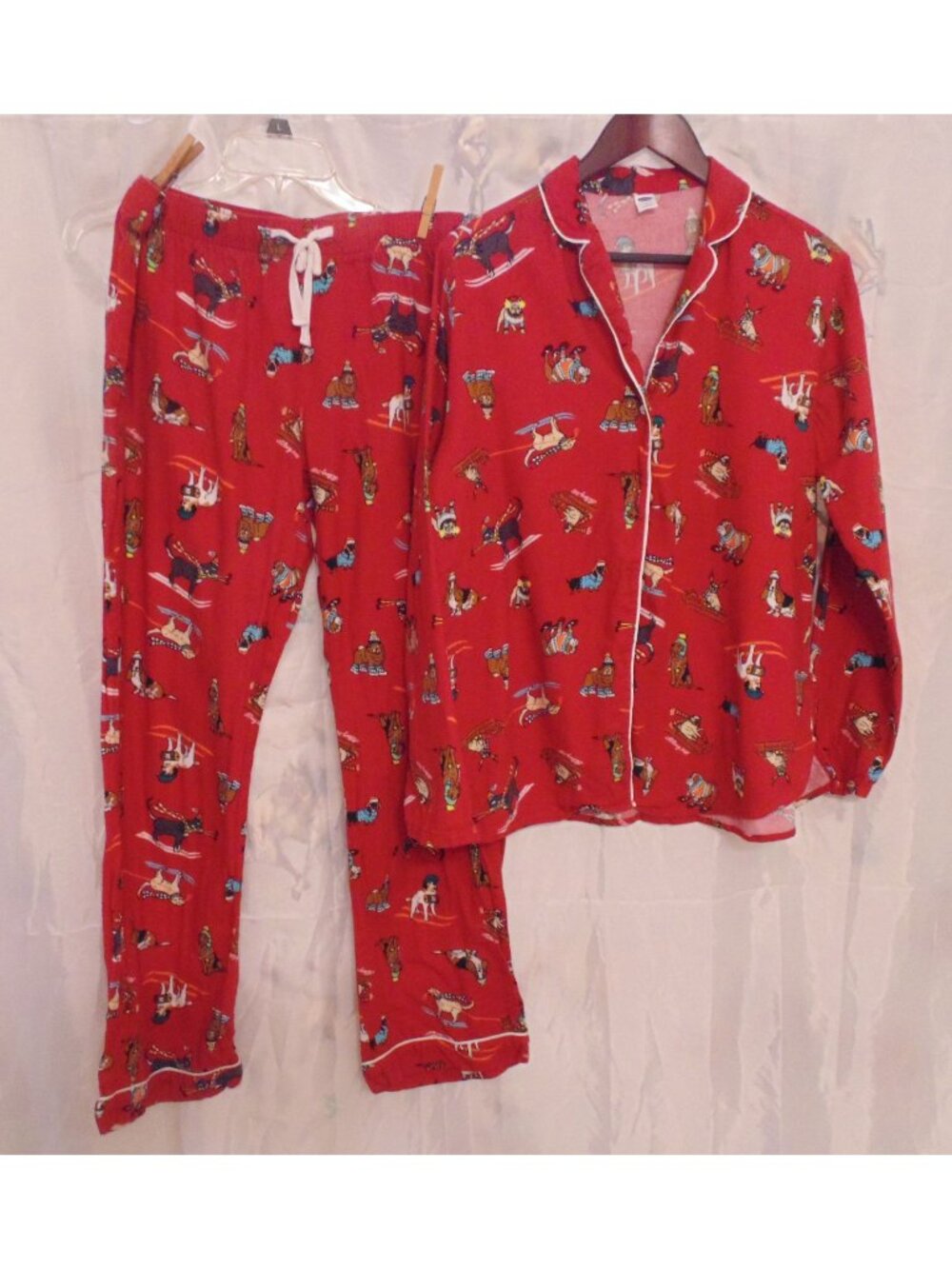 Old Navy Red Flannel Pajamas Set Pj’s Womens size L Dogs Pug Doxie Bulldog